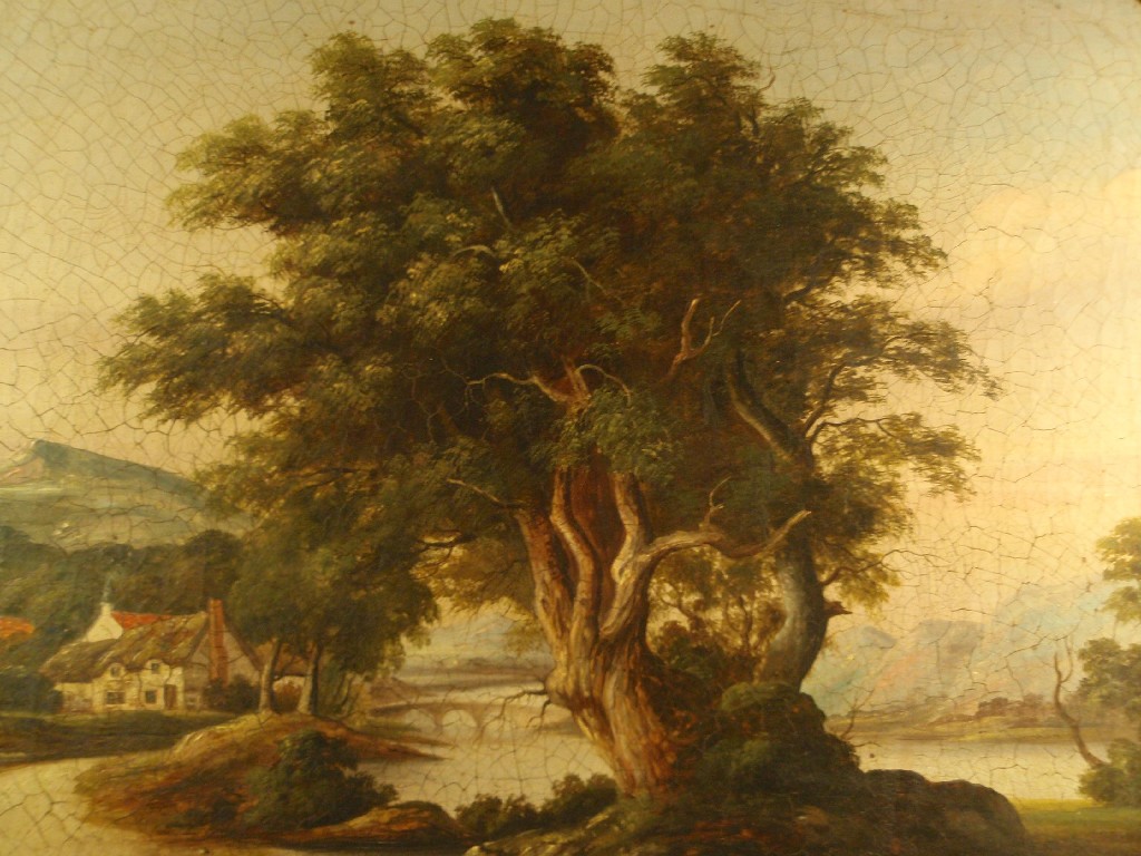 Appraisal: th Century School River landscape with cottages beyond an aged