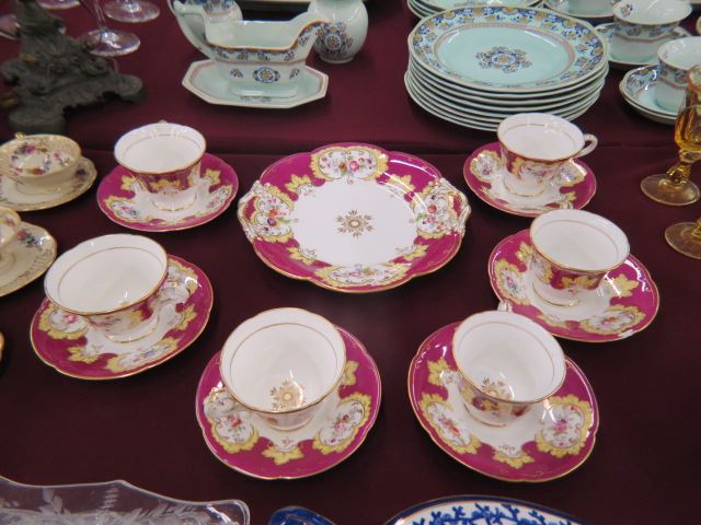 Appraisal: English Porcelain Dessert Tray with sixcups and saucers burgundy trim