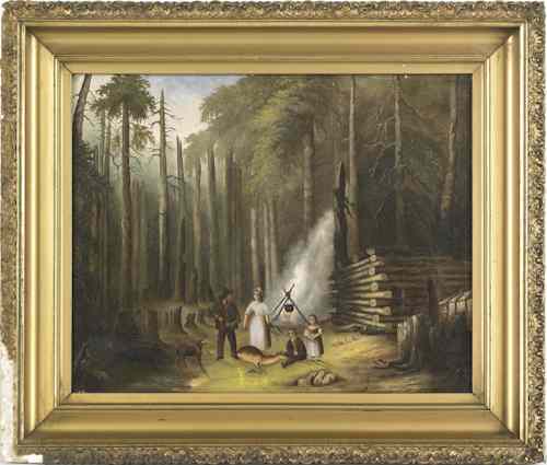 Appraisal: American primitive oil on canvas homestead scene th c x