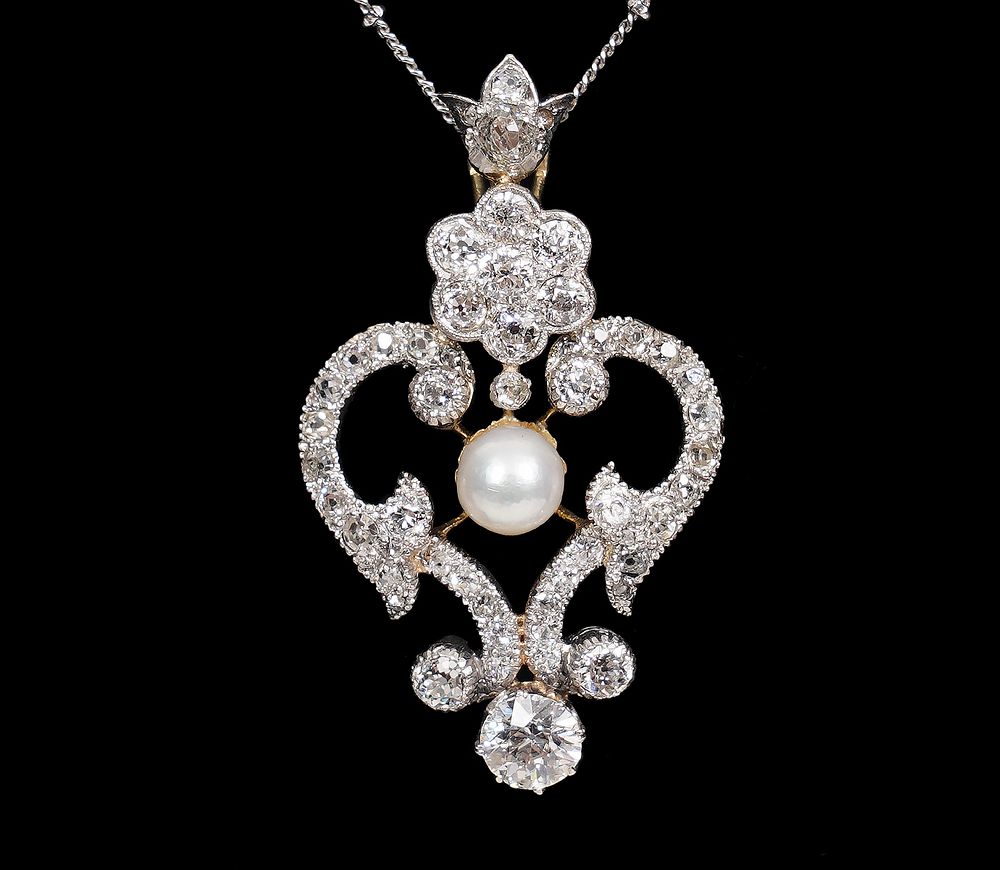 Appraisal: Antique Edwardian Diamond Pearl K Necklace Antique Edwardian diamond pearl