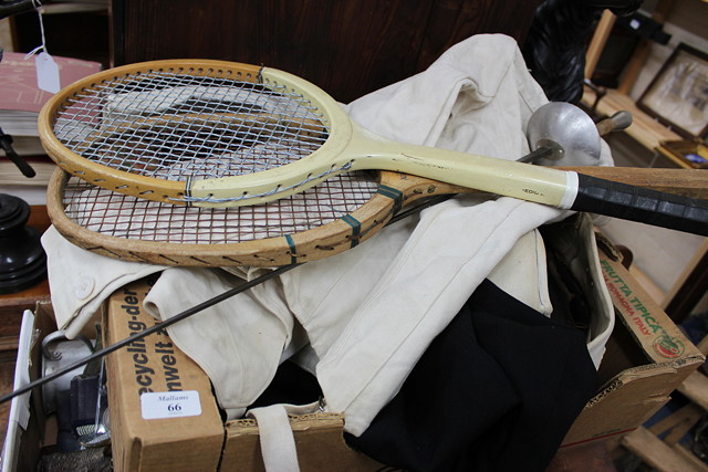 Appraisal: A collection of antique sports equipment comprising two tennis rackets