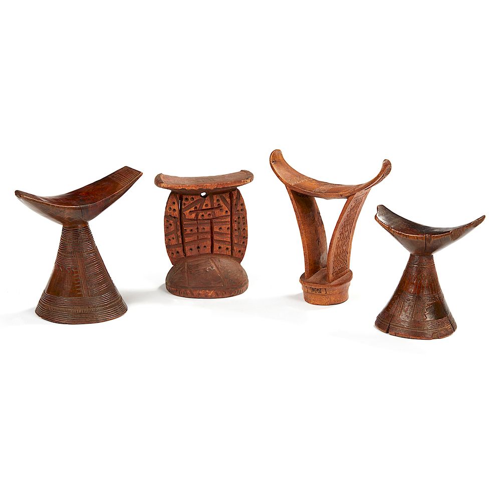 Appraisal: Three Guarage Kenya Headrests and One Boni Headrest Four carved