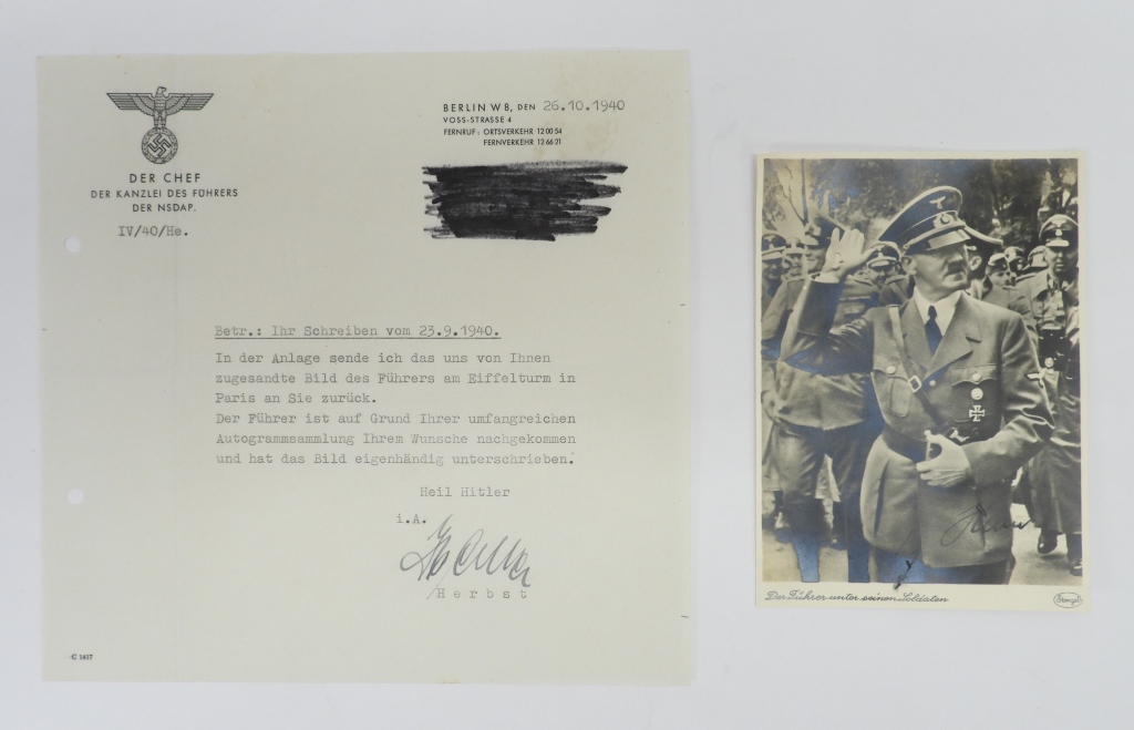 Appraisal: ADOLF HILTER-SIGNED POSTCARD AND LETTER Germany C A postcard of