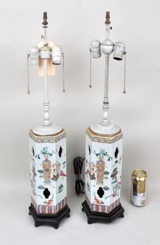 Appraisal: Pair Chinese Porcelain Lanterns As Lamps high to the top