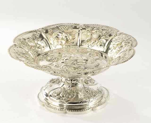 Appraisal: LONDON STERLING REPOUSSE PEDESTAL BOWL hallmarked British sterling year silversmith's