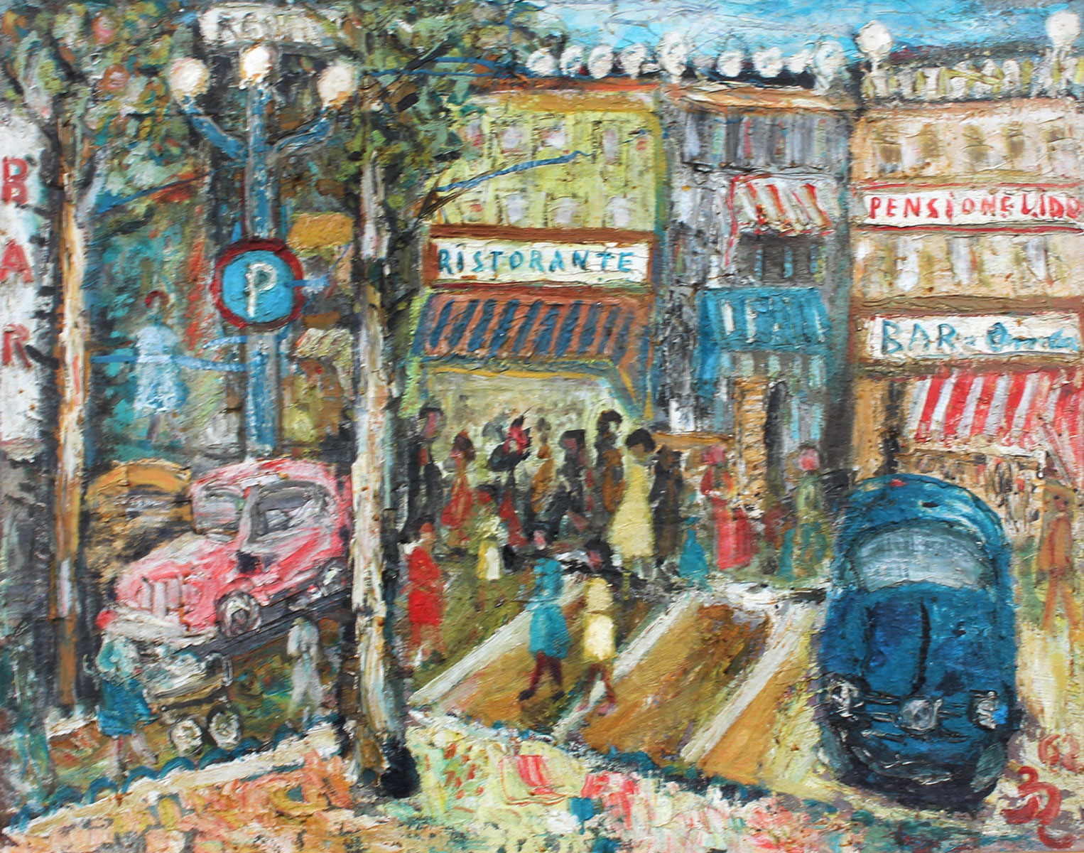 Appraisal: INTERESTING ITALIAN MODERNIST STREET PAINTING MYSTERY Busy Street Scene with