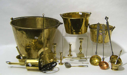 Appraisal: Brass and iron utensils and fireplace equipment to include a