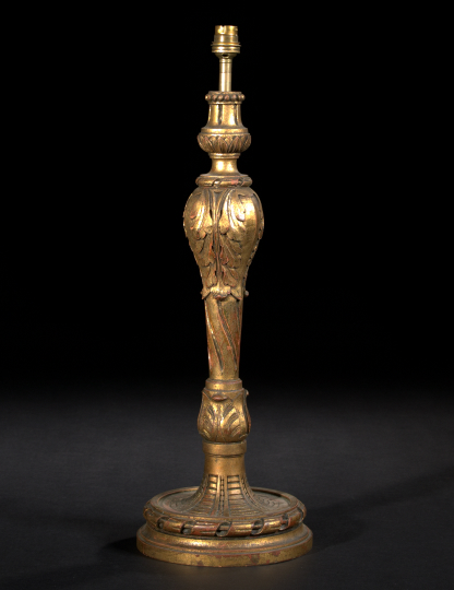 Appraisal: Tall Carved and Gilded Wooden Table Lamp of candlestick form