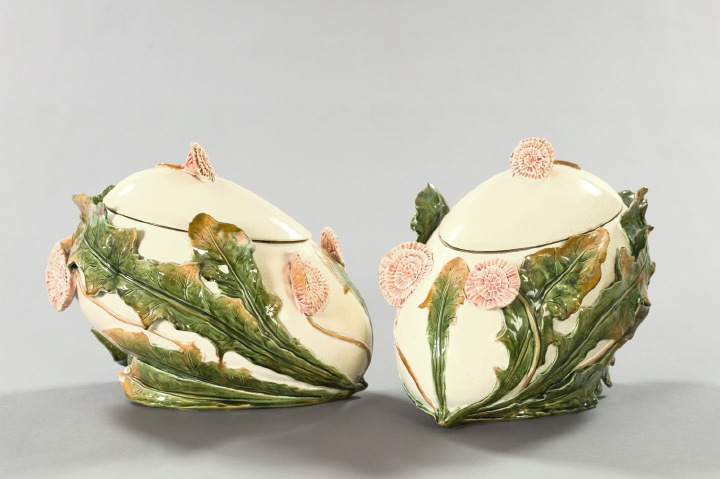 Appraisal: Large Fine and Rare Pair of Majolica Covered Canted Floral-Decorated