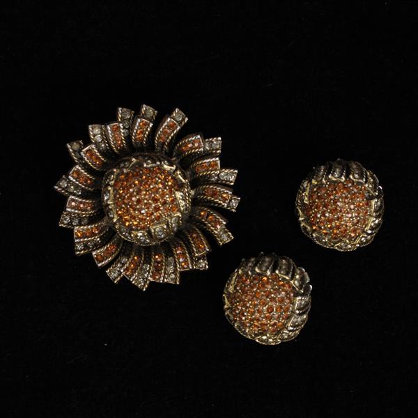 Appraisal: HAR pc Pave earthtone Flower Brooch Clip on Earrings Set