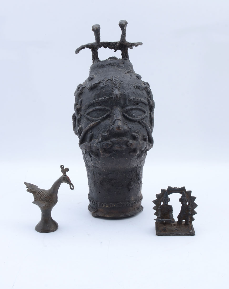 Appraisal: AFRICAN BENIN BRONZE FIGURES pieces total to include Fetish bust