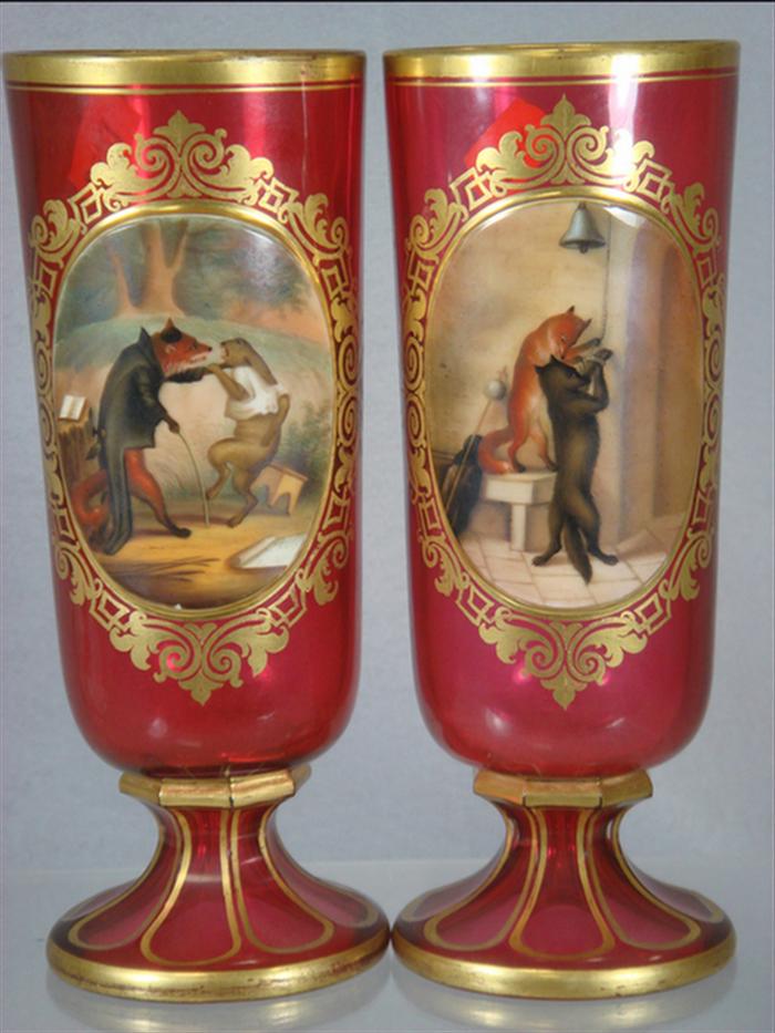 Appraisal: Pr gilt decorated Moser type cranberry footed beakers with oval