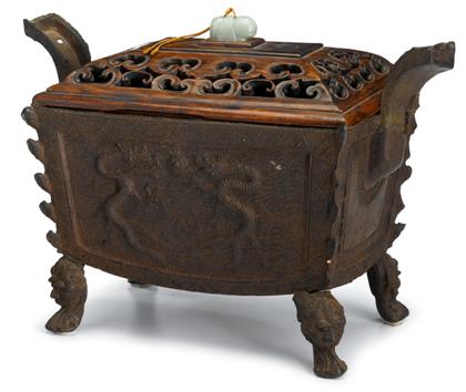 Appraisal: Large Chinese cast iron censer with hardwood and jade mounted