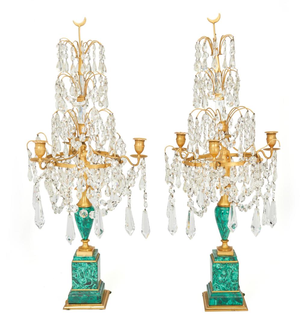 Appraisal: A pair of Russian gilt-bronze and malachite girandoles th Century