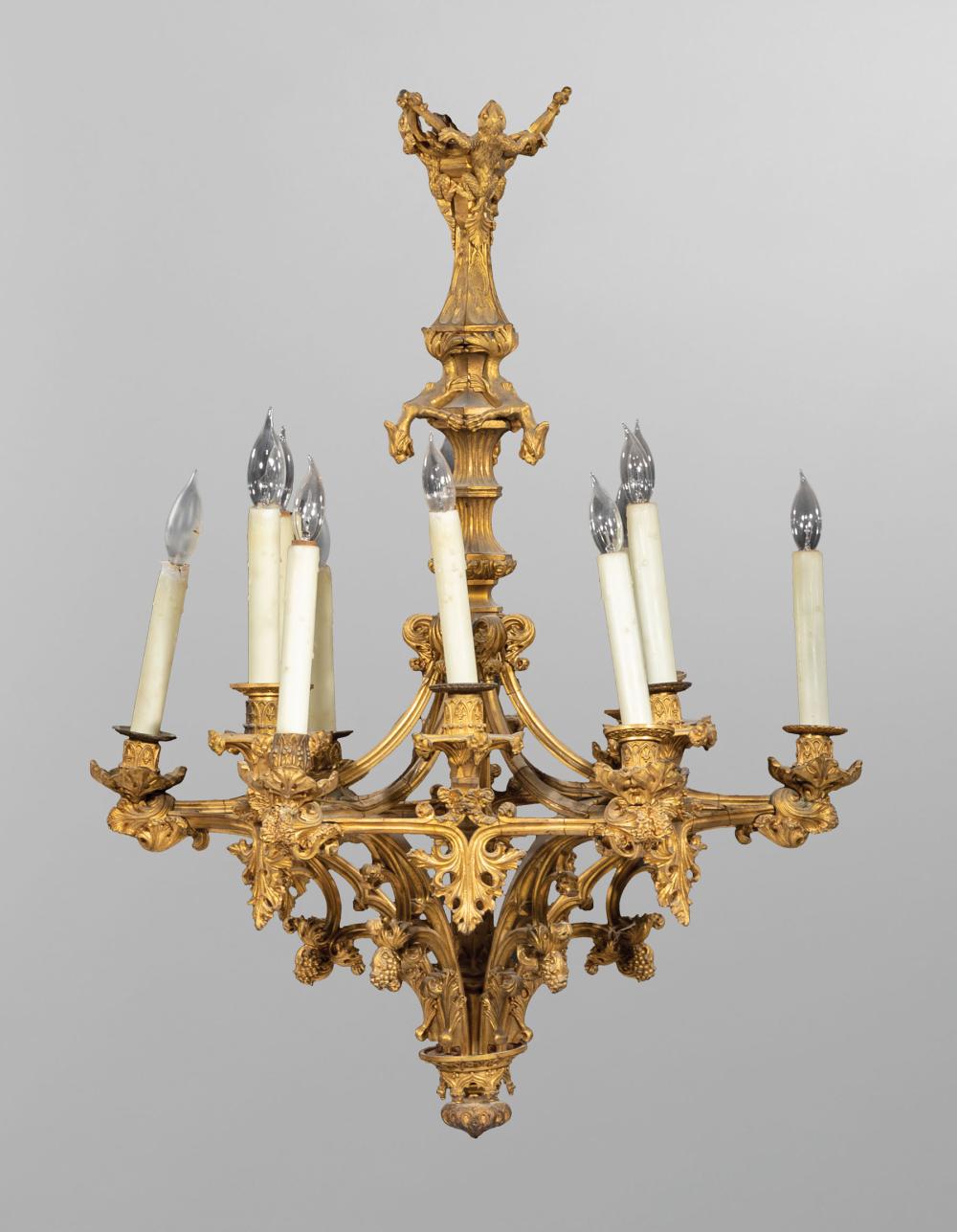 Appraisal: Fine French Gilt Bronze Twelve-Light Chandelier in the Gothic Taste