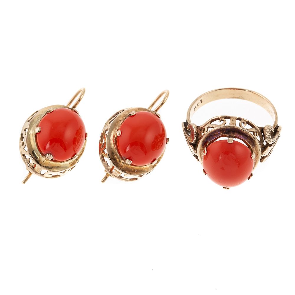 Appraisal: A Coral Ring with Matching Earrings in K K yellow