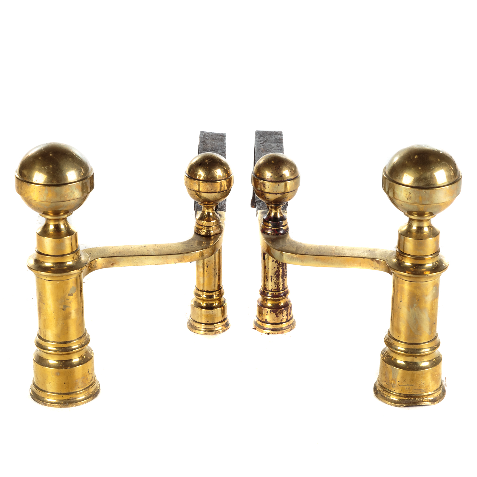 Appraisal: PAIR OF FEDERAL BRASS BALL ANDIRONS BY JOHN HUNNEMAN Boston