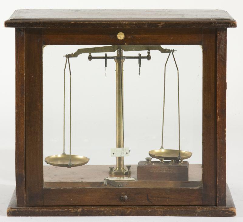 Appraisal: Antique Brass Pharmaceutical Balance Scales ca in wooden and glass