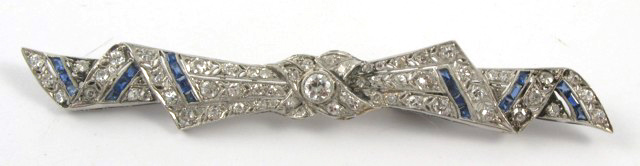 Appraisal: DIAMOND SAPPHIRE AND PLATINUM BROOCH - in length and covered