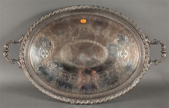 Appraisal: English Gothic Revival molded and engraved silver-plated service tray mid