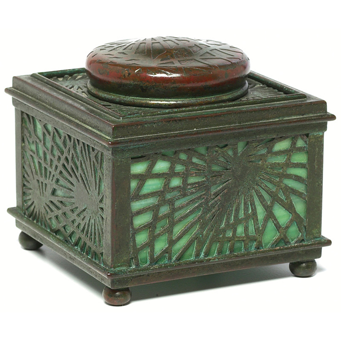 Appraisal: Tiffany Studios inkwell form in a bronze pine needle pattern