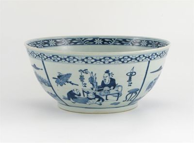 Appraisal: A Chinese blue and white bowl painted with panels containing