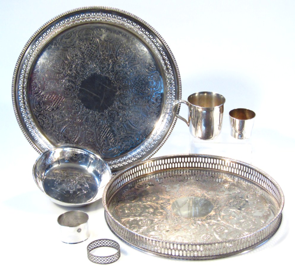 Appraisal: Various silver plate comprising a gallery edged tray bright cut