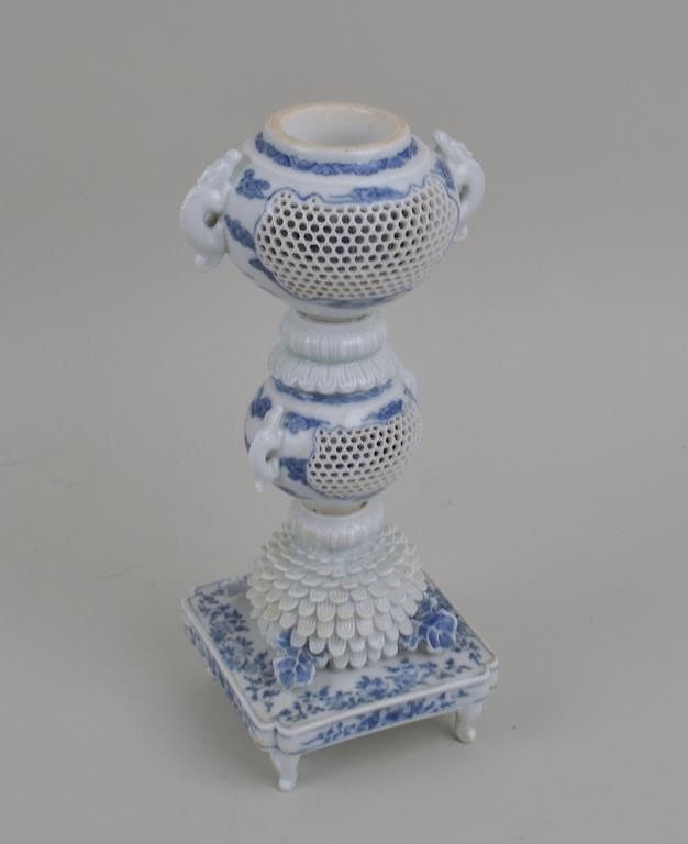 Appraisal: Japanese Blue White Porcelain Censer with pierced basketwork detail in