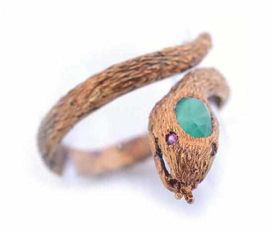 Appraisal: A SNAKE RING SET WITH CHRYSOPRASE AND RUBY TESTED CT