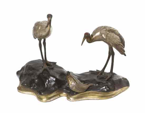 Appraisal: A Japanese Mixed Metal Model of Cranes depicting the two