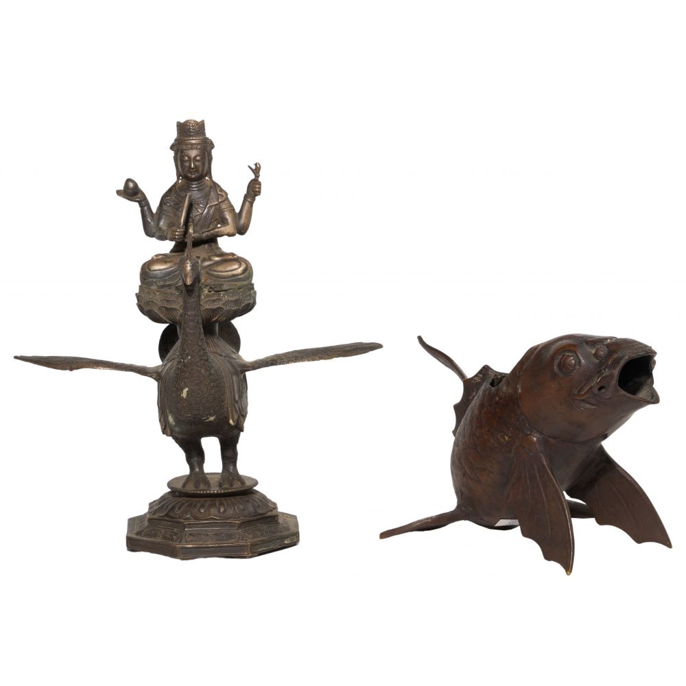 Appraisal: JAPANESE BRONZE FIGURES items including a Peacock King depicting a