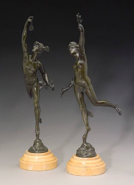 Appraisal: A pair of patinated bronze figures of Mercury and Fortuna