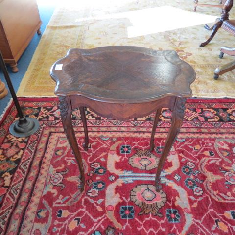 Appraisal: French Carved Inlaid Side Table turtle top Art Nouveau floral