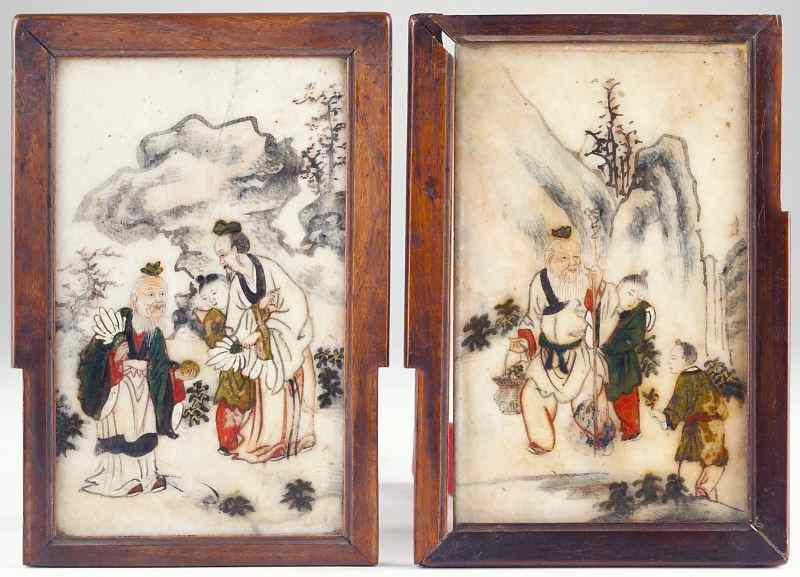 Appraisal: Pair of Chinese Jade Table Screens th centuryeach polychrome painted