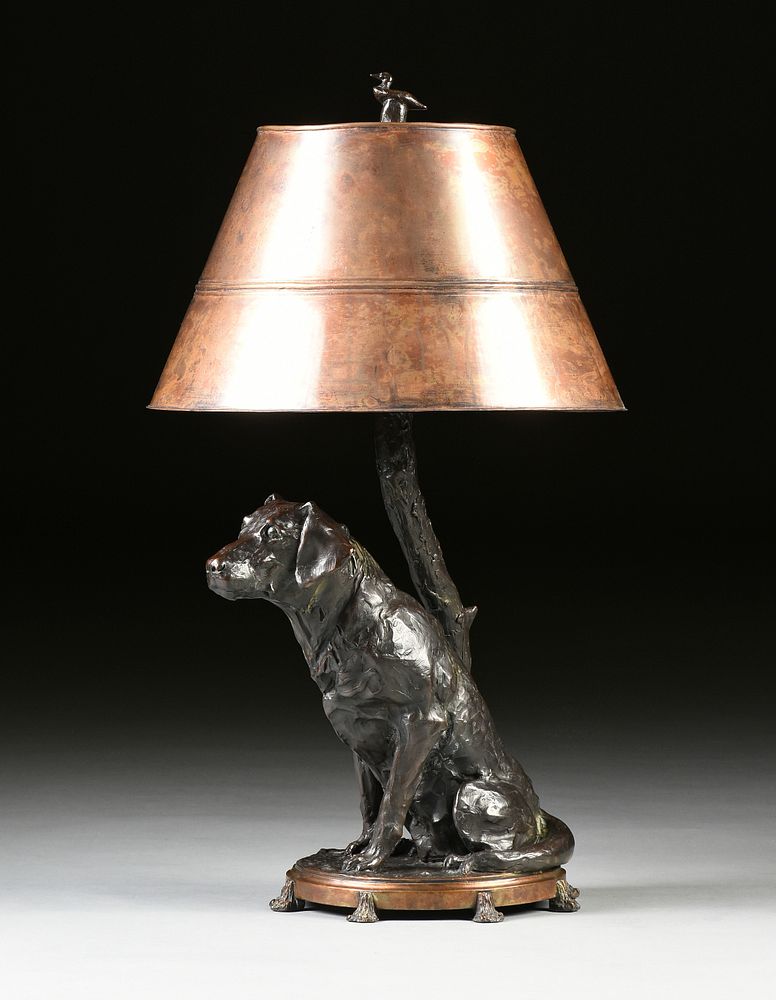 Appraisal: GEORGE NORTHUP American b A COPPER SHADED BRONZE SCULPTURE LAMP