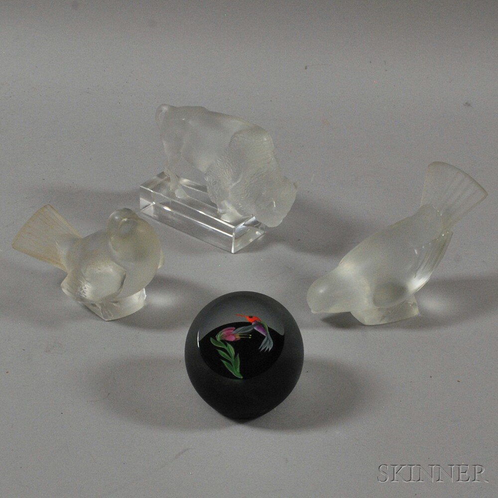 Appraisal: Four Pieces of Figural Glass a frosted glass paperweight depicting