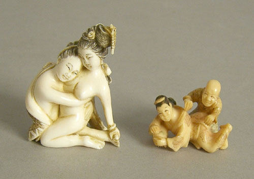 Appraisal: Carved ivory erotic netsuke together with a composition netsuke