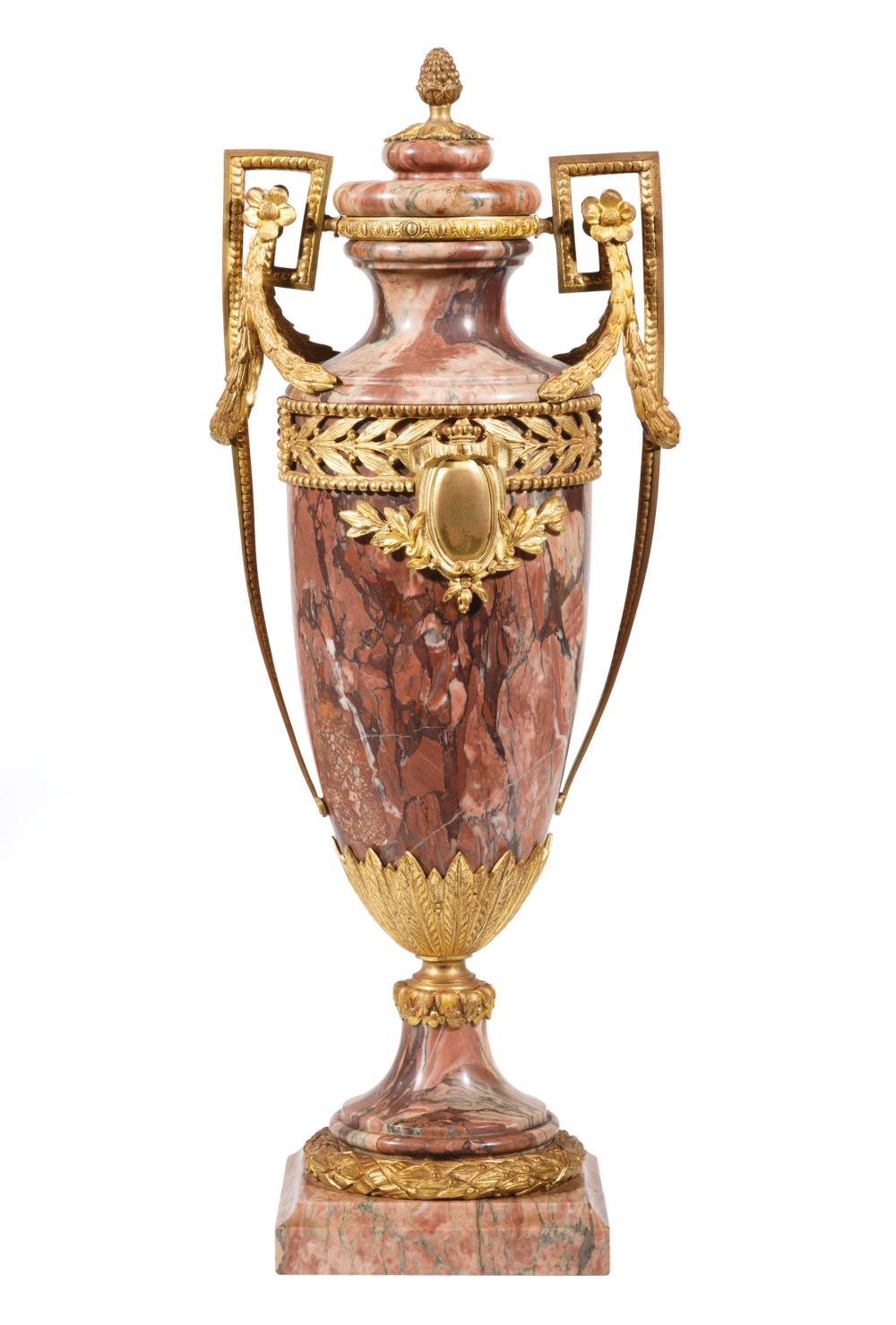 Appraisal: Empire-Style Gilt Bronze-Mounted Marble Urn c Greek key and garland