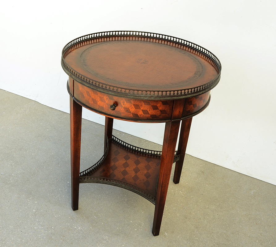 Appraisal: INLAID SINGLE DRAWER OCCASIONAL TABLE Pierced brass gallery inset embossed