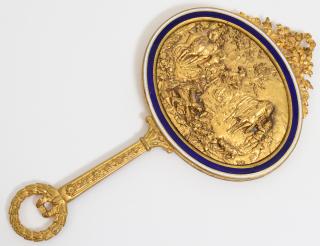 Appraisal: GILT BRONZE AND BLUE ENAMEL HAND MIRROR Cast with a