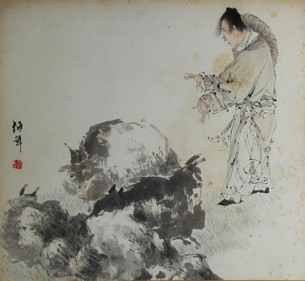 Appraisal: REN YI REN BONIAN CHINESE - MAN WITH GOAT Ink