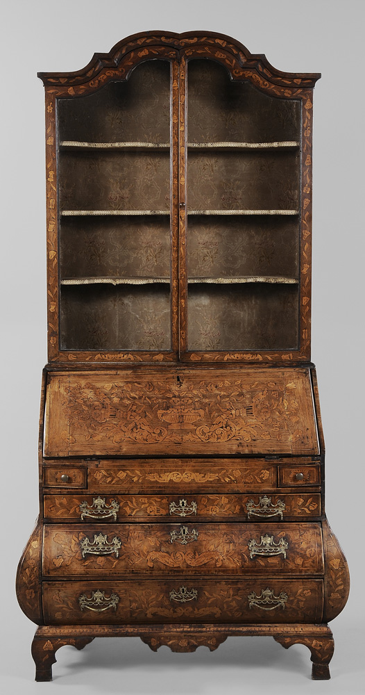 Appraisal: Continental Baroque Marquetry-Inlaid Bombe' Desk and Bookcase probably Dutch th