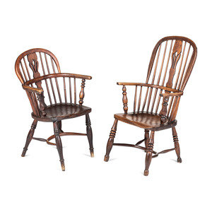 Appraisal: Two English Oak Elm Carved Windsor Arm Chairs th Century