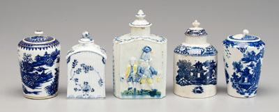 Appraisal: Five English ceramic tea boxes one with blue and yellow