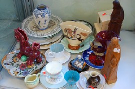 Appraisal: PART SHELF OF COLLECTORS PLATES INC GOUDA VASES CONUCOPIA VASE