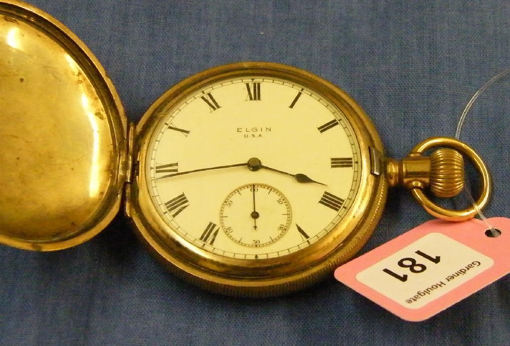 Appraisal: Elgin engine turned lever gold plated hunter pocket watch jewels