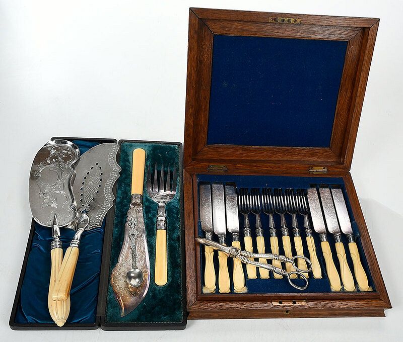 Appraisal: Cased Silver Fish Sets and Serving Pieces English most with