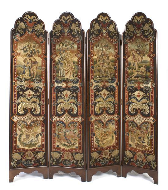 Appraisal: Four Paneled Needle and Petit Point Floor Screen with shaped