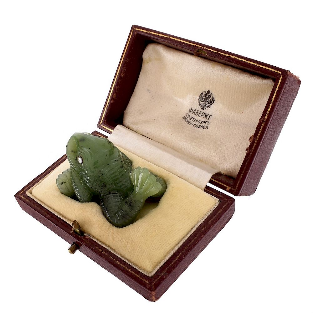 Appraisal: Russian Faberge Jade Frog Russian Faberge Carved Jade Frog Figure