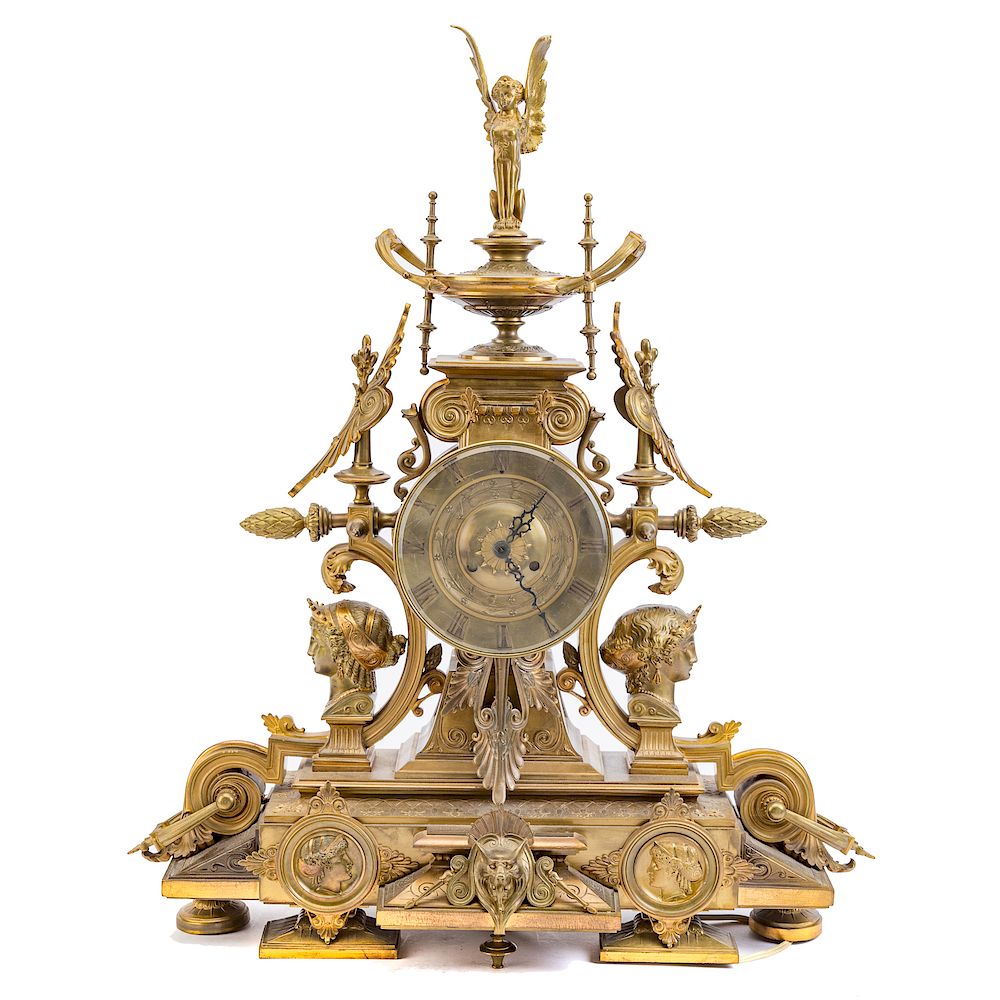 Appraisal: Etruscan Revival gilt-metal figural mantel clock with electric clock movement